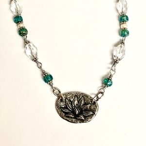Teal Blue Czech Glass and Crystal Quartz Beads Necklace , New